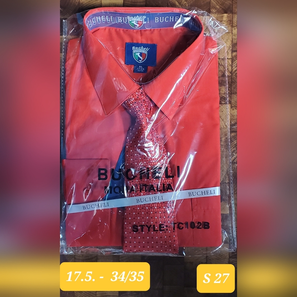 Dress Shirt With Tie - Size: 17.5 - 34/35 - Color: Red - RRR DShirt - S - 27